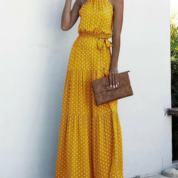 Yellow Polka Dot Sleeveless Halter Maxi Dress - Picture 6 of 6